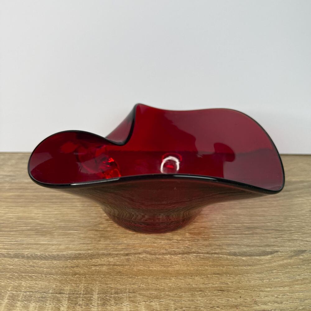 Vintage Viking Glass Red Heart Shaped Handled Dish MCM Decor